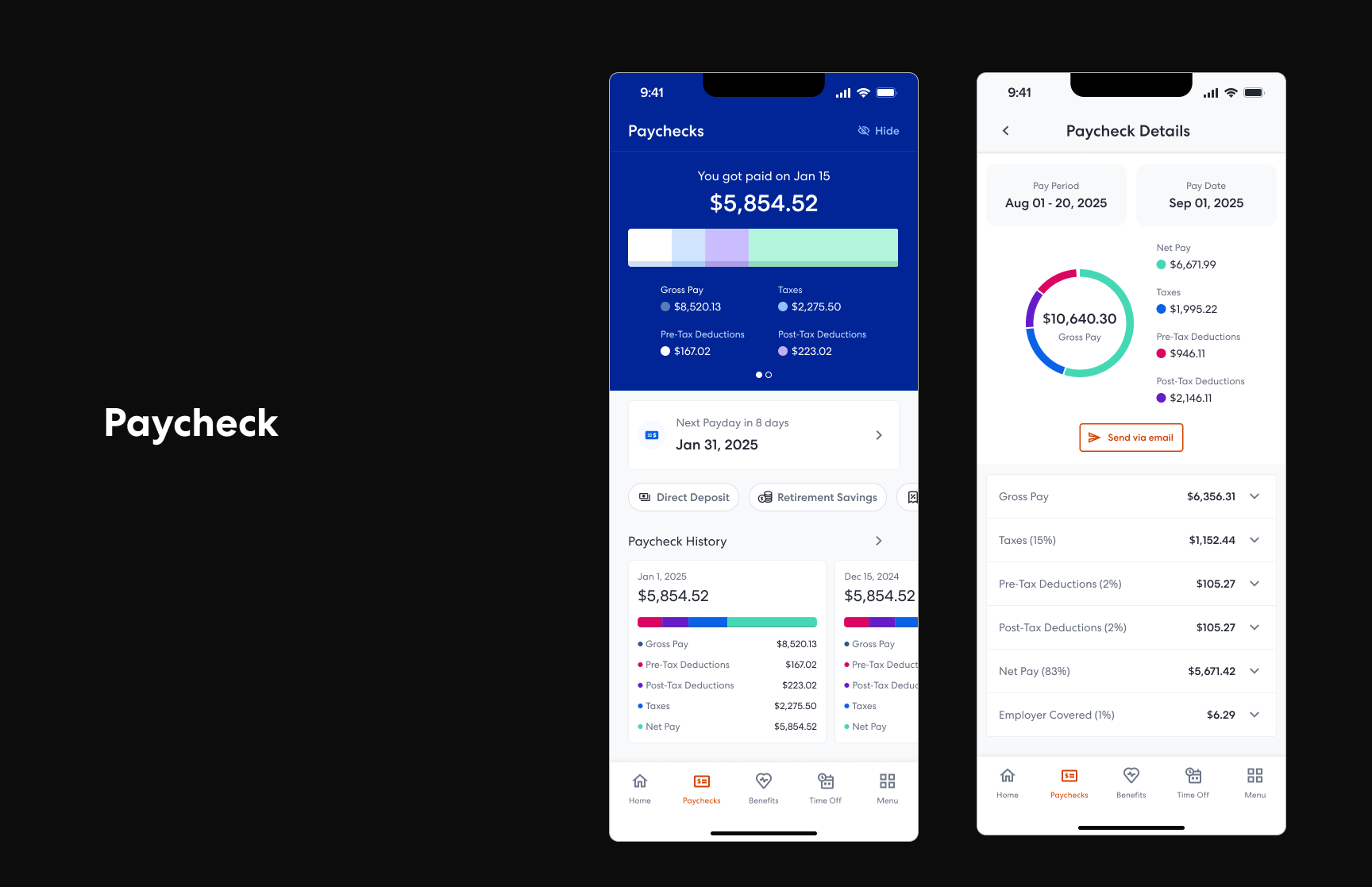 Paycheck details screen with earnings breakdown, deductions, and net pay